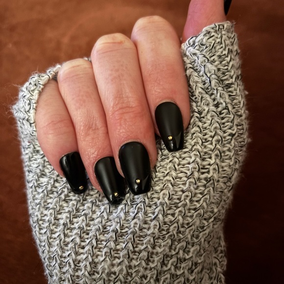 Matte Black French Manicure with Gold Accents - Picture 1 of 4